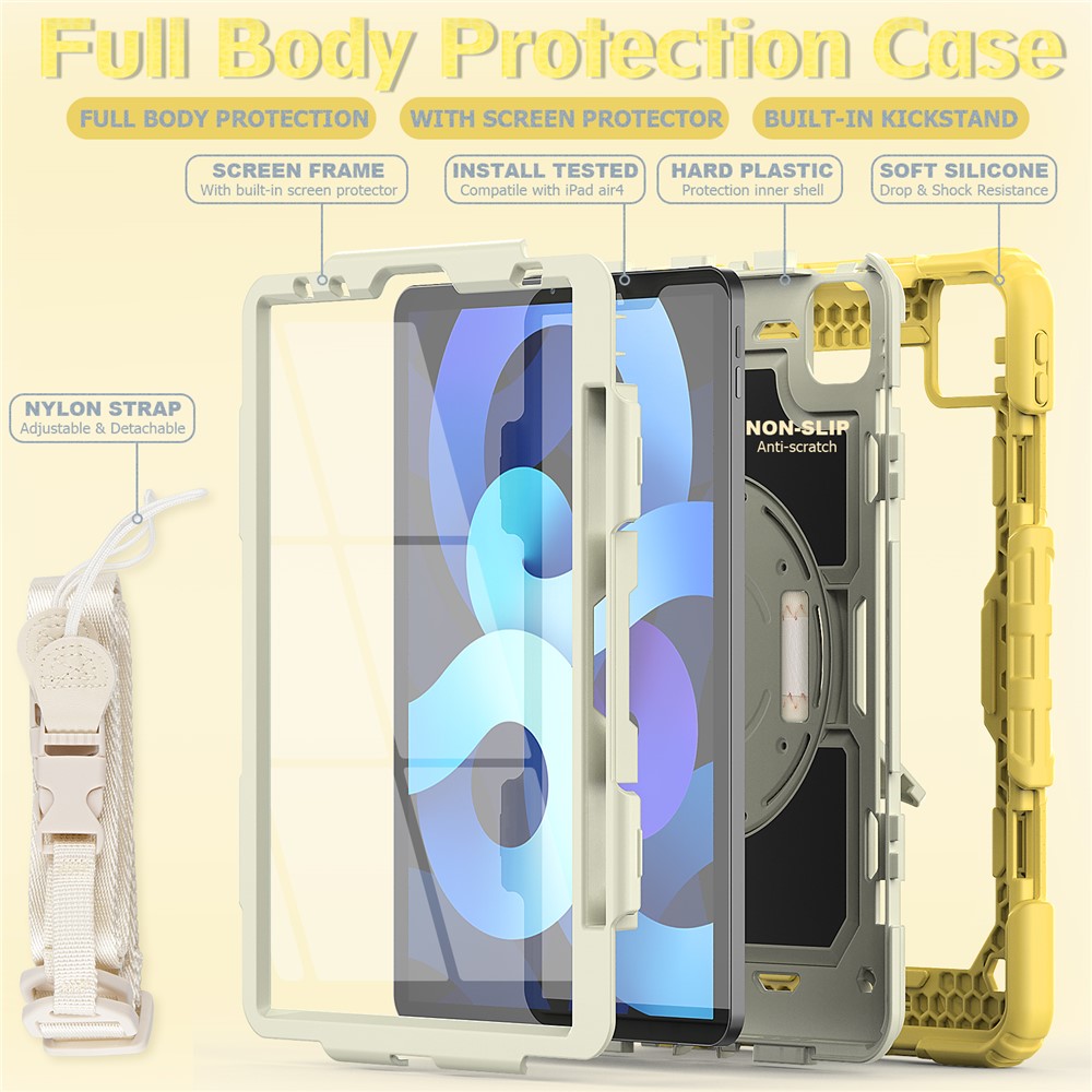 Kickstand Wrist Strap TPU+Silicone Hybrid Case Tablet Cover+PET Film with Shoulder Strap for iPad Air (2020)/Pro 11-inch (2020) - Yellow-3