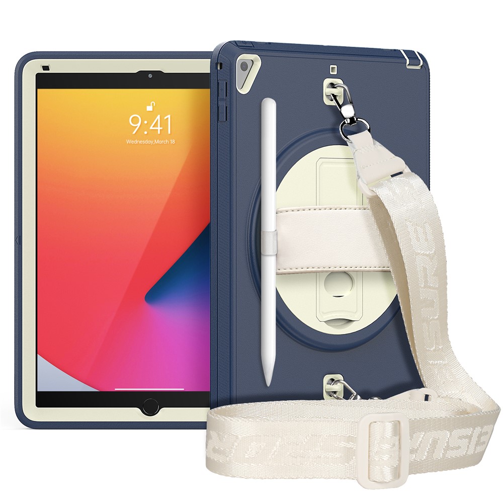 Drop-proof Kickstand Design PC TPU Hybrid Cover Shell with PET Film Shoulder Strap for iPad 9.7-inch (2018/2017)/Pro 9.7 inch (2016)/iPad Air 2 - Navy Blue-1