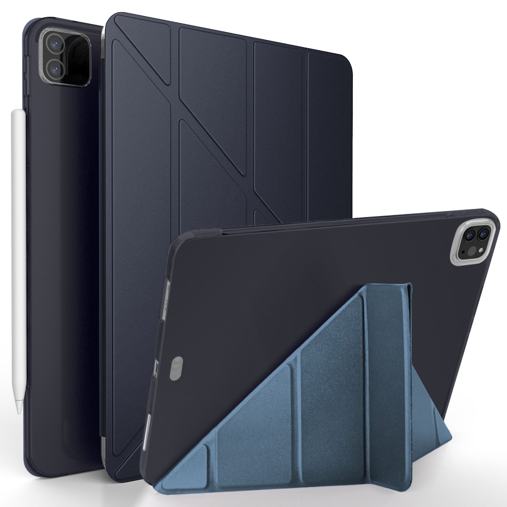 For iPad Pro 12.9-inch (2022) / (2021) / (2020) / (2018) Origami Stand Smart TPU Leather Case Tablet Cover Protector - Dark Blue
