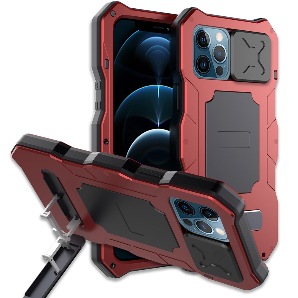 Metal Hybrid Protector Case + Tempered Glass Film with Lens Cover for iPhone 12 Pro Max - Red-1