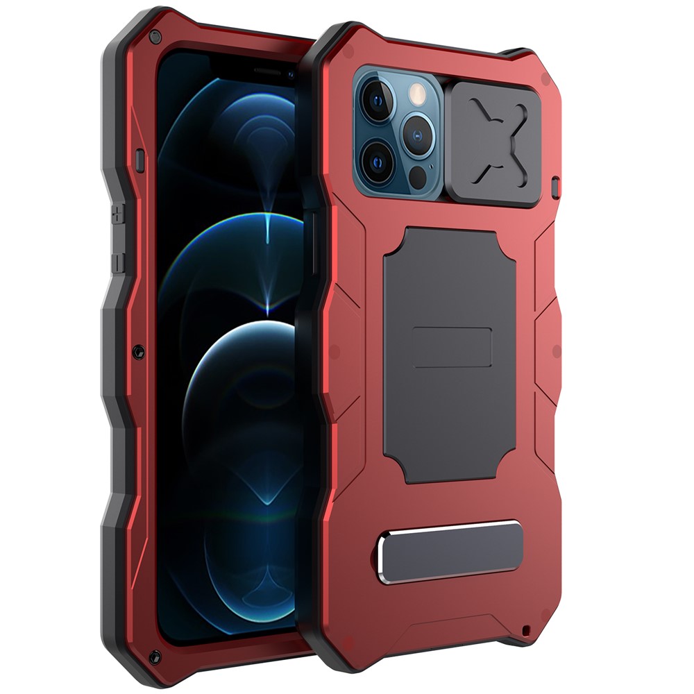 Metal Hybrid Protector Case + Tempered Glass Film with Lens Cover for iPhone 12 Pro Max - Red-2