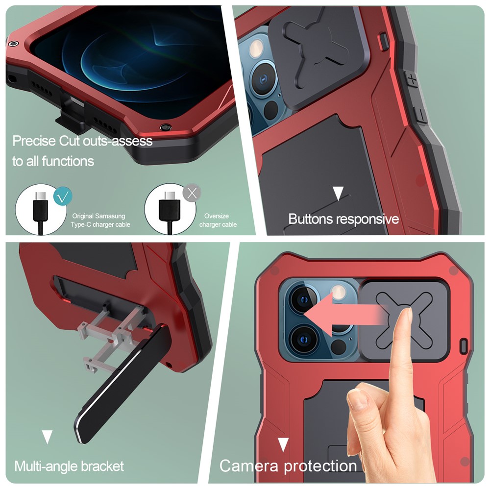 Metal Hybrid Protector Case + Tempered Glass Film with Lens Cover for iPhone 12 Pro Max - Red-5