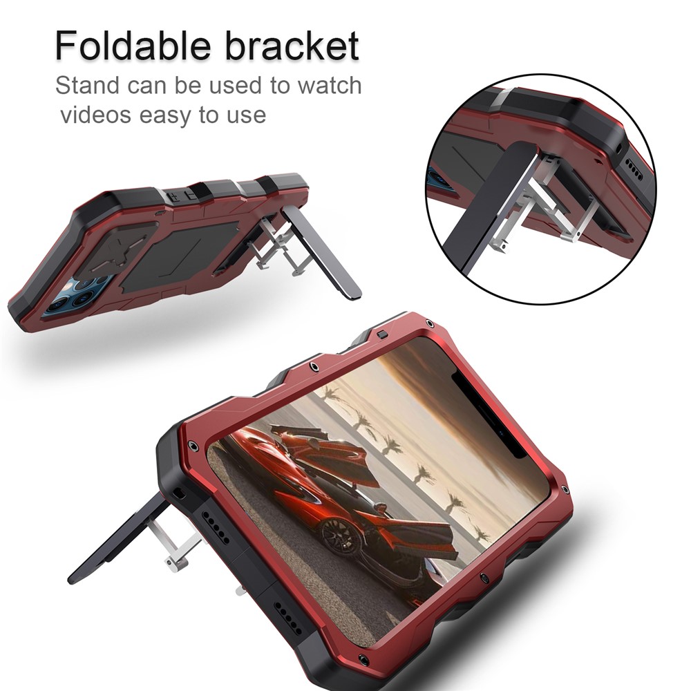 Metal Hybrid Protector Case + Tempered Glass Film with Lens Cover for iPhone 12 Pro Max - Red-7
