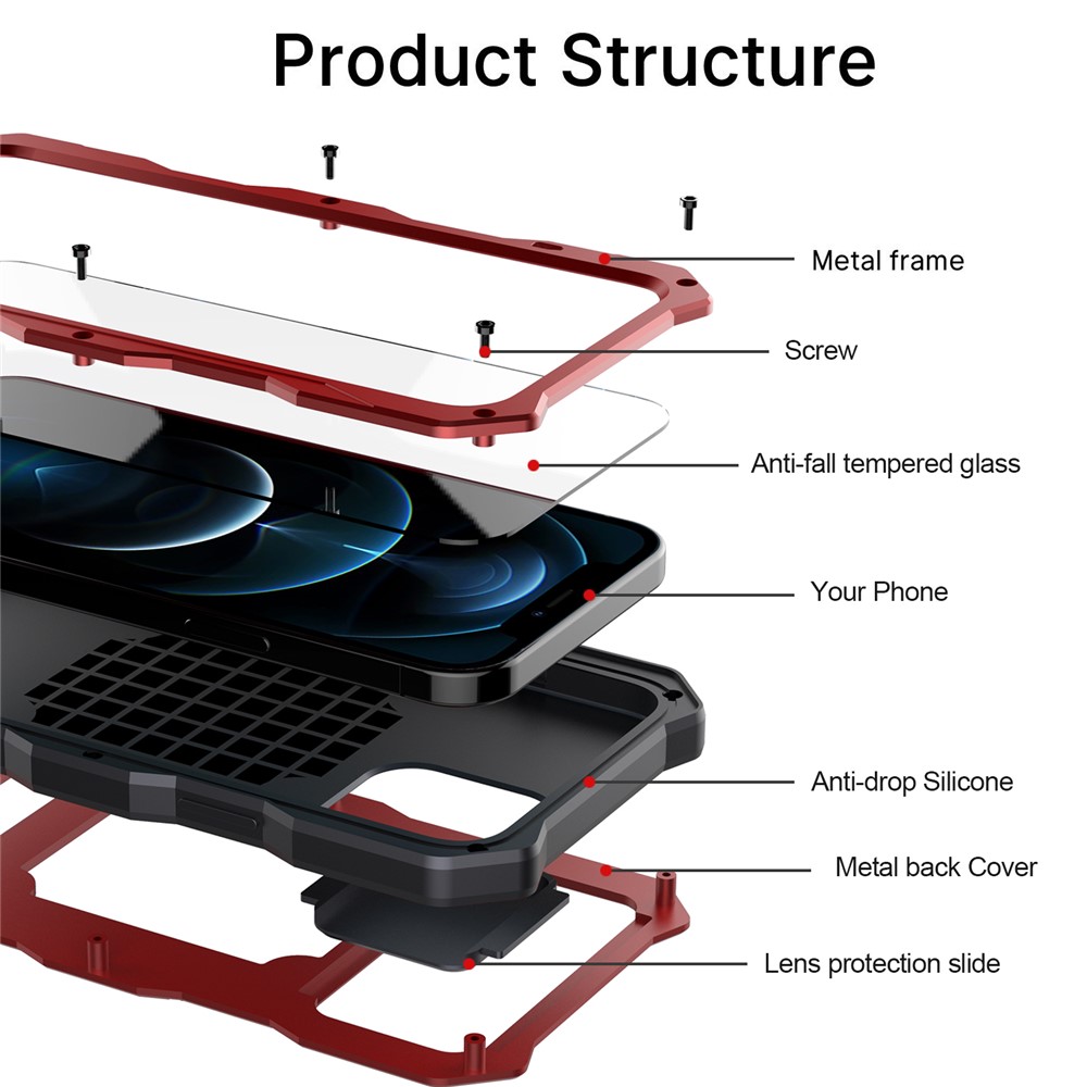 Metal Hybrid Protector Case + Tempered Glass Film with Lens Cover for iPhone 12 Pro Max - Red-8