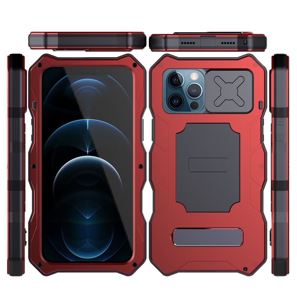Metal Hybrid Protector Case + Tempered Glass Film with Lens Cover for iPhone 12 Pro Max - Red-9