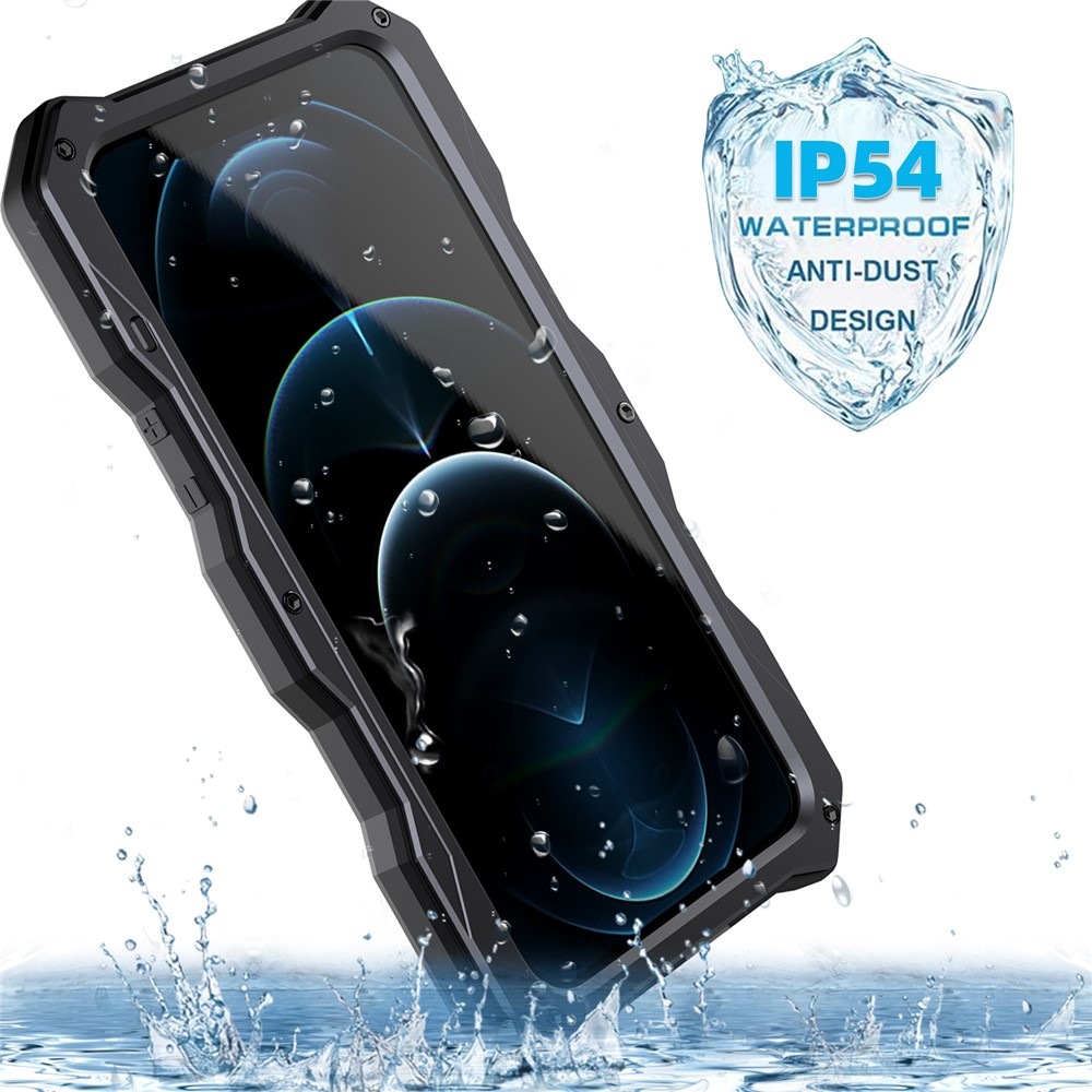 Shockproof + Dropproof + Dustproof Functions Metal Hybrid Protector Case + Tempered Glass Film for iPhone 12/12 Pro - Black-3