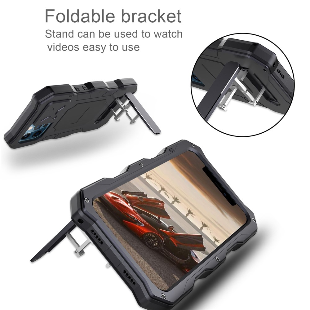 Shockproof + Dropproof + Dustproof Functions Metal Hybrid Protector Case + Tempered Glass Film for iPhone 12/12 Pro - Black-6