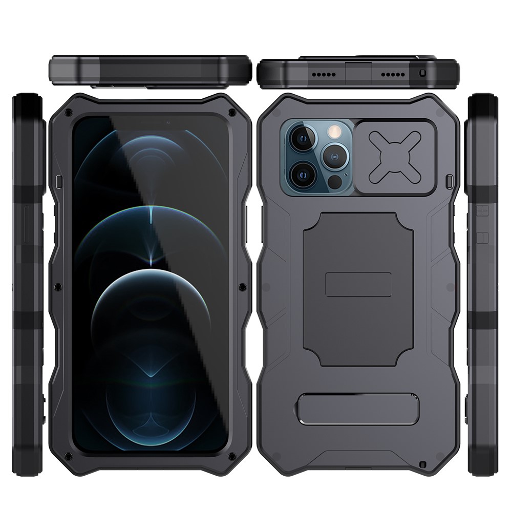 Shockproof + Dropproof + Dustproof Functions Metal Hybrid Protector Case + Tempered Glass Film for iPhone 12/12 Pro - Black-9