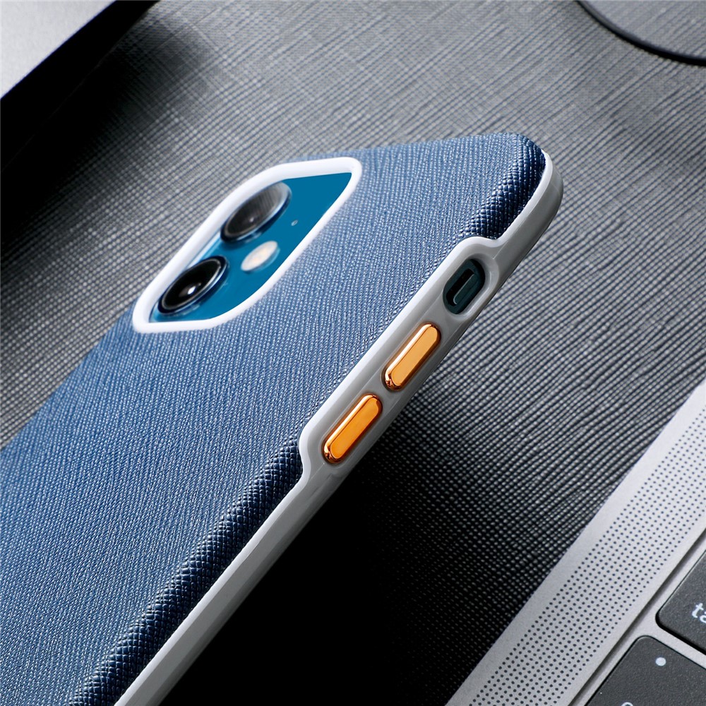 Cross Texture Design TPU Frame PU Leather Coated Phone Case with Metal Buttons for iPhone 12 / 12 Pro - Blue-5