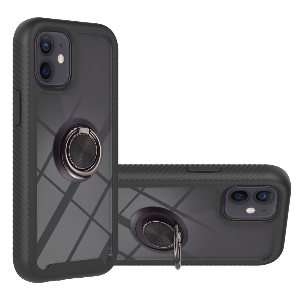 Rugged Hybrid Case PC + TPU Dual Material Protection Shockproof with Stand Kickstand Ring Holder Cover for Apple iPhone 12 mini 5.4 inch - Black-1