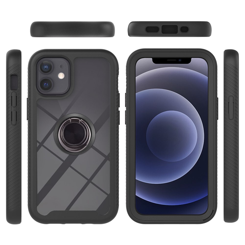 Rugged Hybrid Case PC + TPU Dual Material Protection Shockproof with Stand Kickstand Ring Holder Cover for Apple iPhone 12 mini 5.4 inch - Black-3