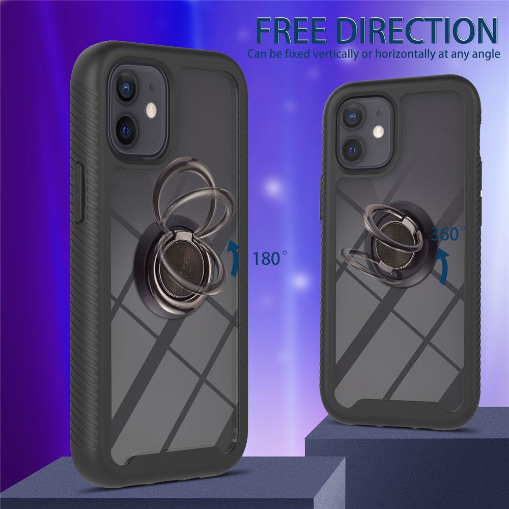 Rugged Hybrid Case PC + TPU Dual Material Protection Shockproof with Stand Kickstand Ring Holder Cover for Apple iPhone 12 mini 5.4 inch - Black-4