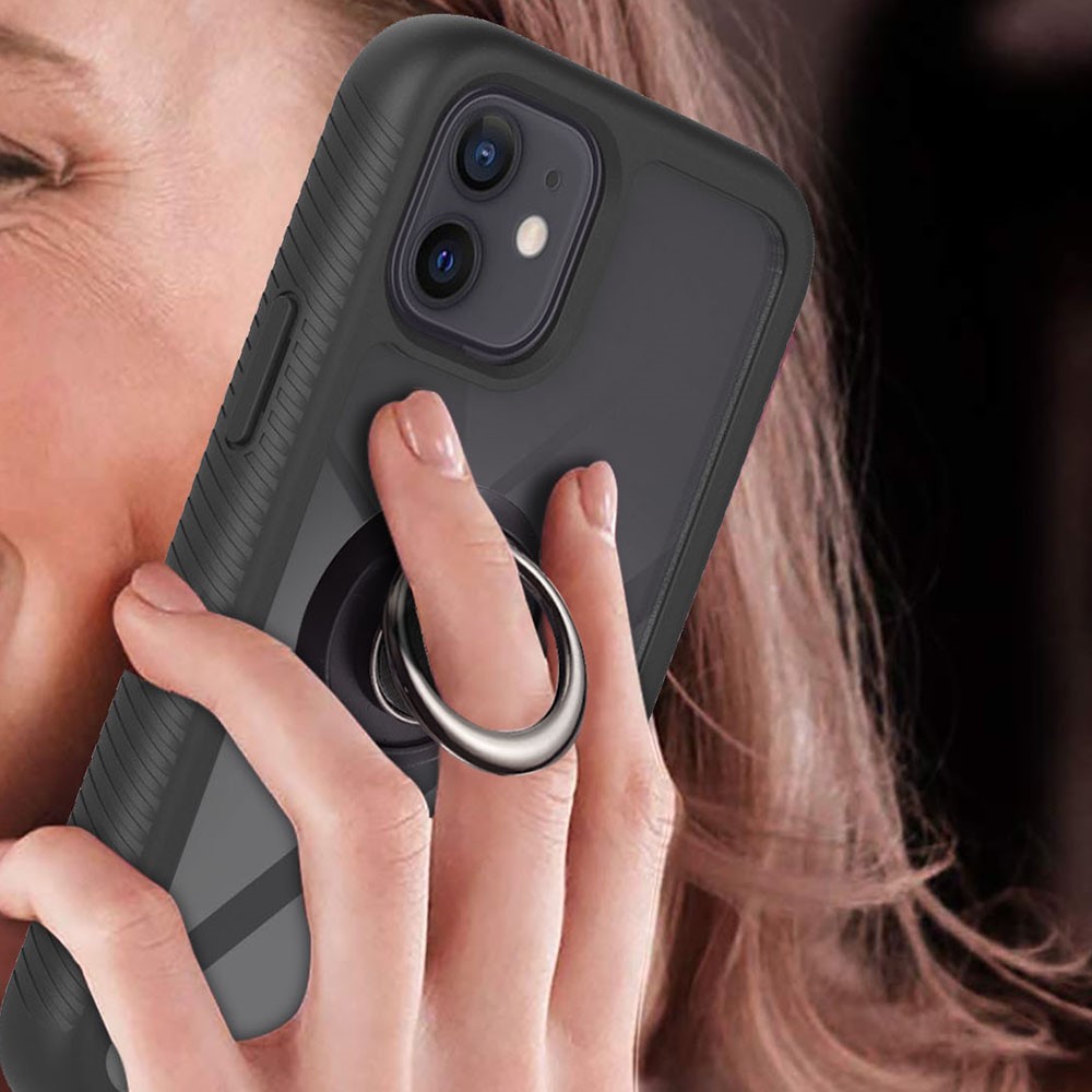 Rugged Hybrid Case PC + TPU Dual Material Protection Shockproof with Stand Kickstand Ring Holder Cover for Apple iPhone 12 mini 5.4 inch - Black-5