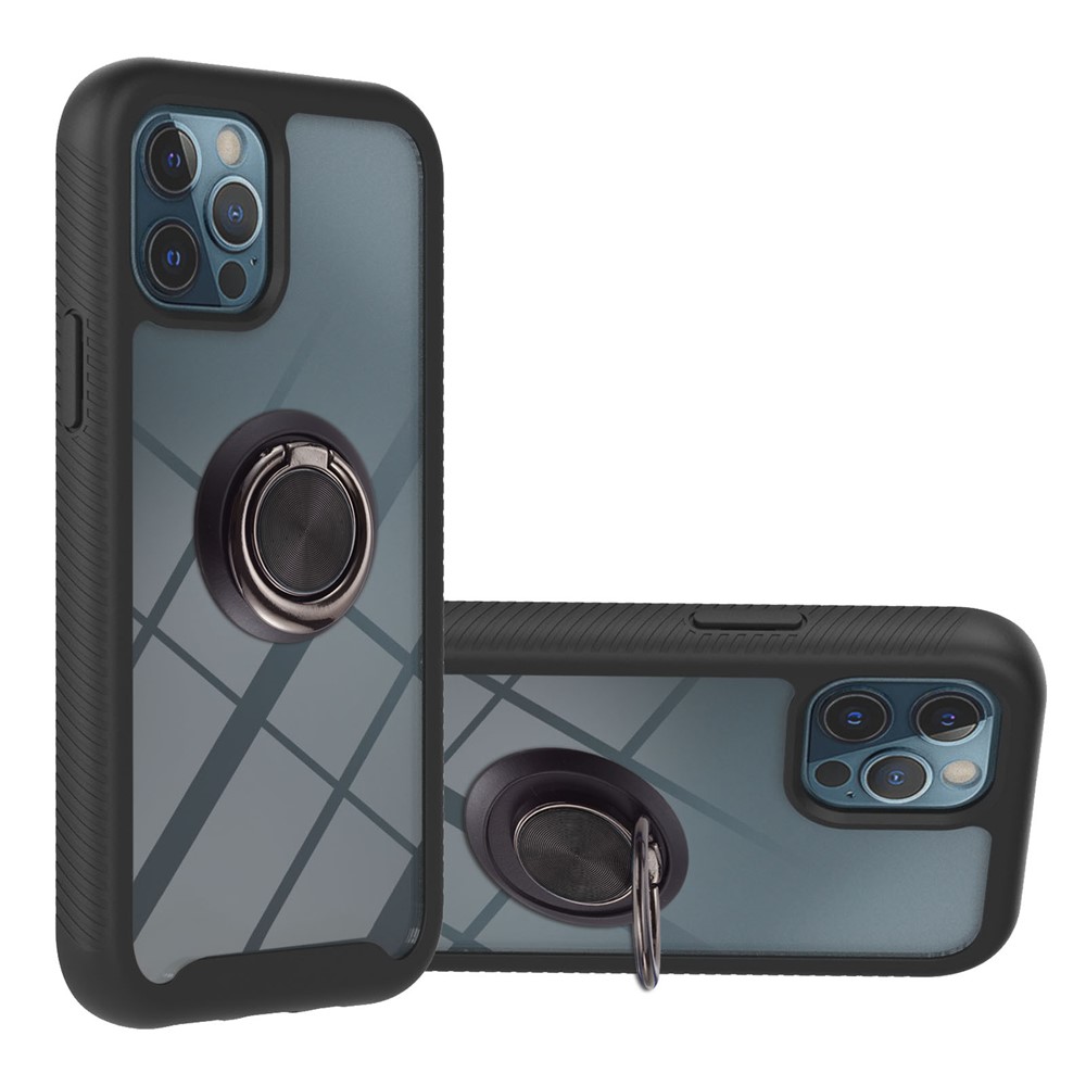 360 Roating Finger Ring Holder Case Hard PC and Soft TPU Anti-Scratch Case for iPhone 12 Pro Max 6.7 inch - Dark Blue-1