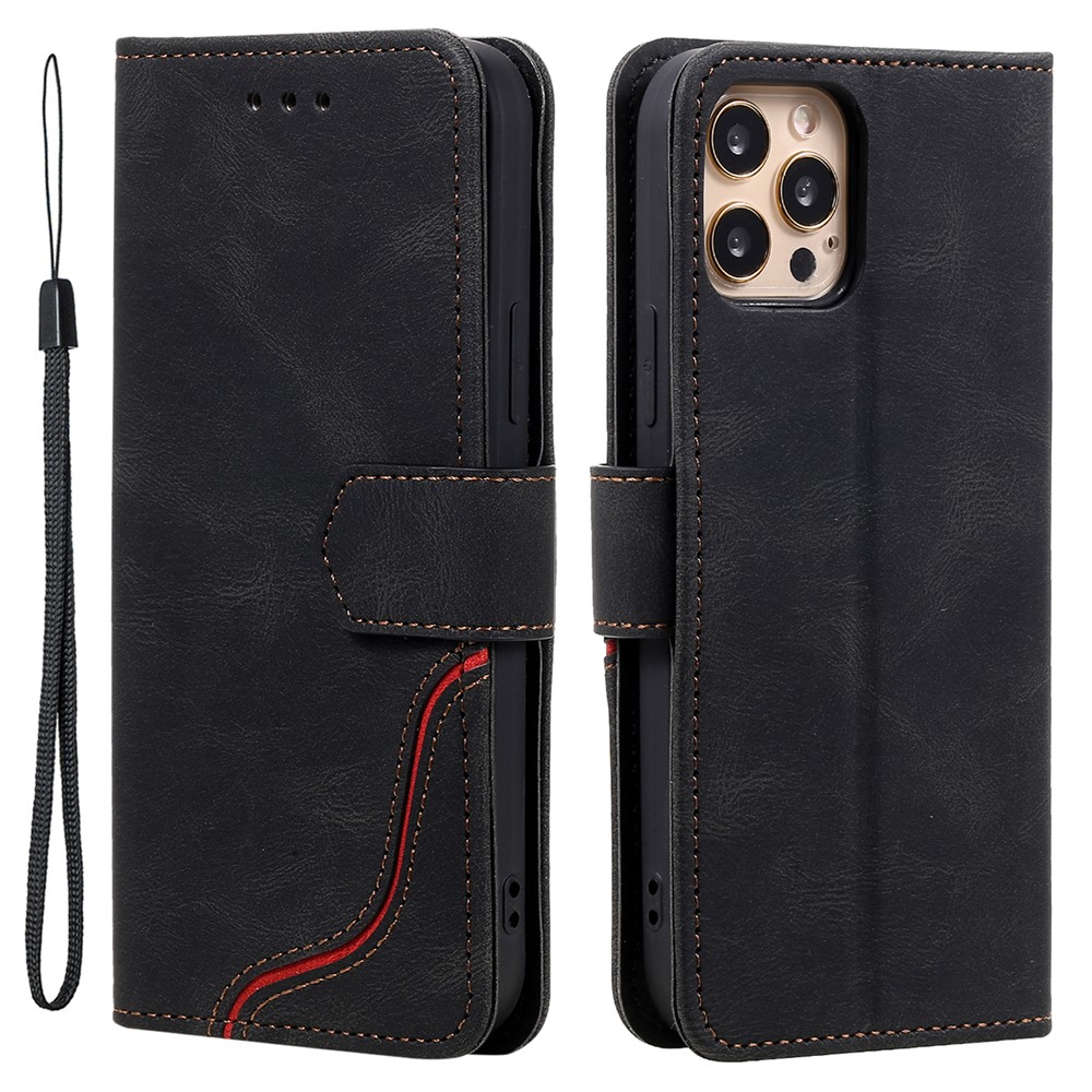 Tri-color Splicing Skin-touch Feeling Stand Wallet Case PU Leather Flip Shell with Hand Strap for iPhone 12 / 12 Pro - Black-1