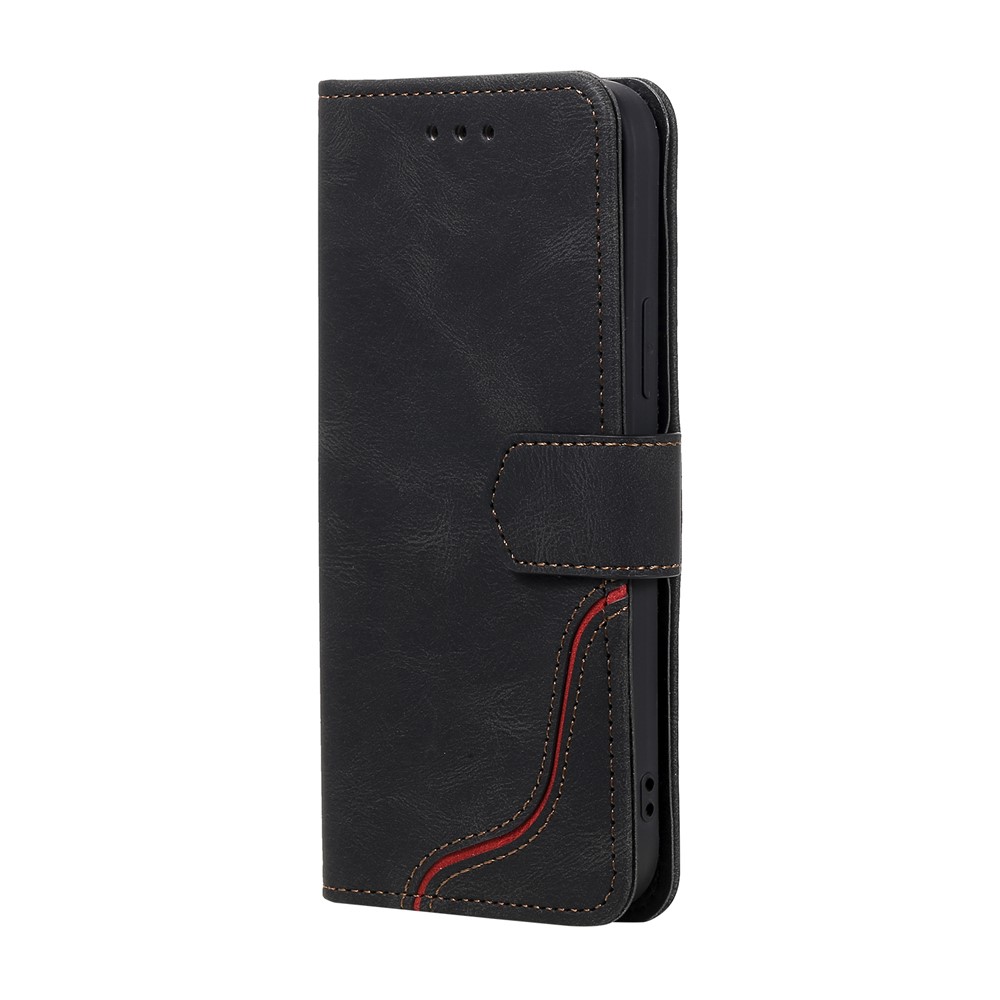 Tri-color Splicing Skin-touch Feeling Stand Wallet Case PU Leather Flip Shell with Hand Strap for iPhone 12 / 12 Pro - Black-3