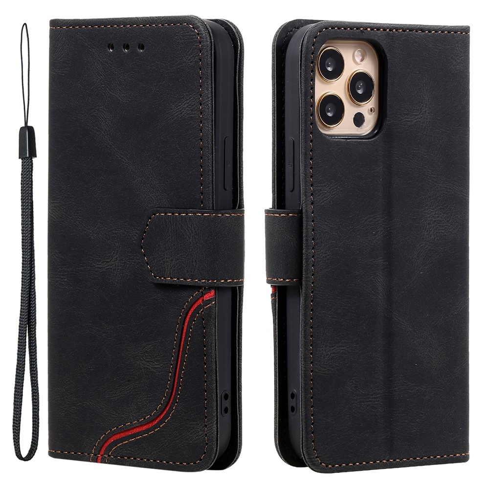 Tri-color Splicing Skin-touch Feeling PU Leather Wallet Case Stand Shell with Hand Strap for iPhone 12 Pro Max 6.7 inch - Black-1