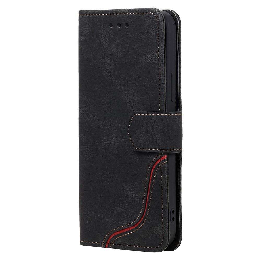 Tri-color Splicing Skin-touch Feeling PU Leather Wallet Case Stand Shell with Hand Strap for iPhone 12 Pro Max 6.7 inch - Black-3