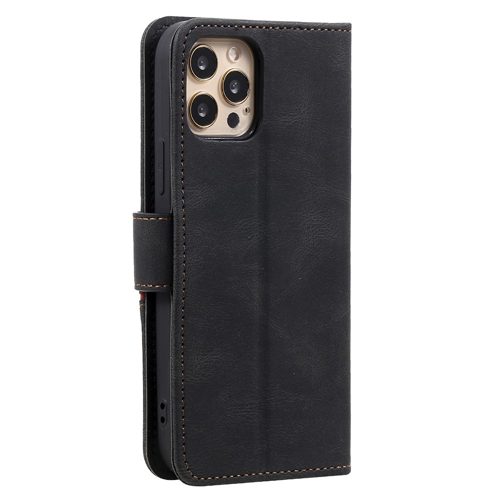 Tri-color Splicing Skin-touch Feeling PU Leather Wallet Case Stand Shell with Hand Strap for iPhone 12 Pro Max 6.7 inch - Black-4