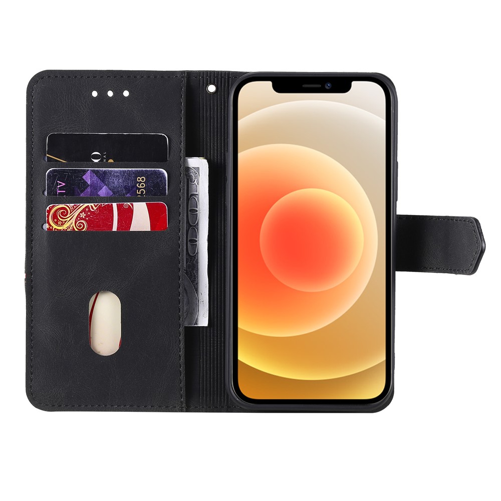 Tri-color Splicing Skin-touch Feeling PU Leather Wallet Case Stand Shell with Hand Strap for iPhone 12 Pro Max 6.7 inch - Black-6