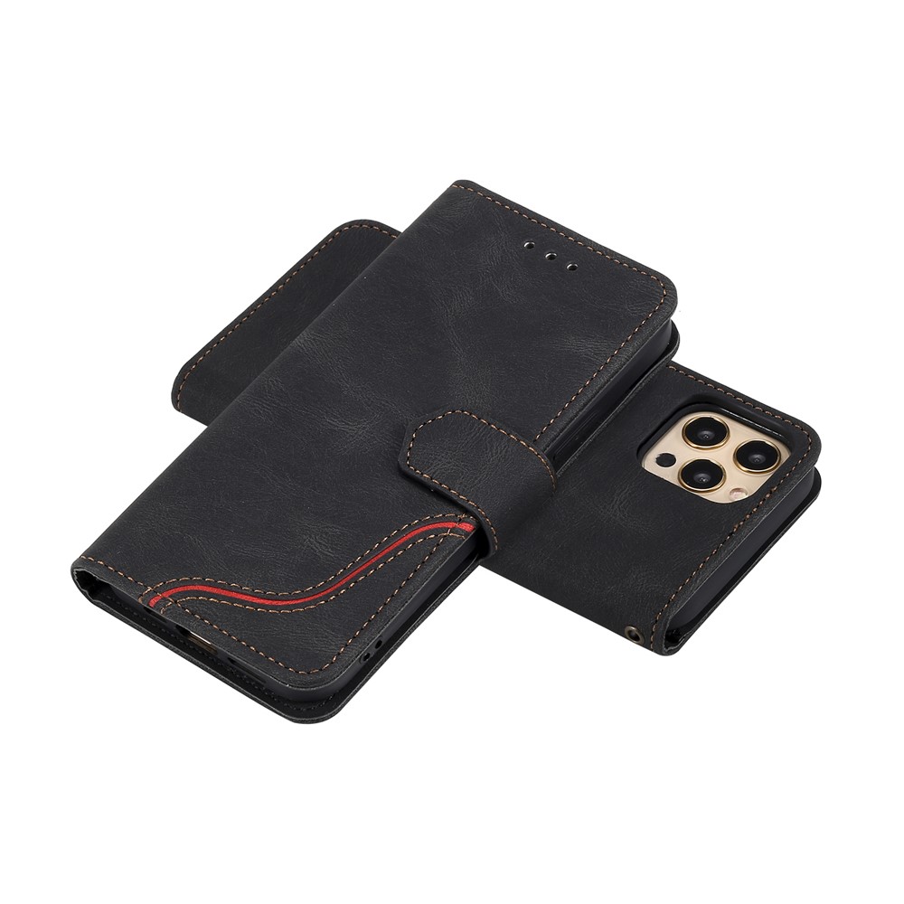 Tri-color Splicing Skin-touch Feeling PU Leather Wallet Case Stand Shell with Hand Strap for iPhone 12 Pro Max 6.7 inch - Black-7