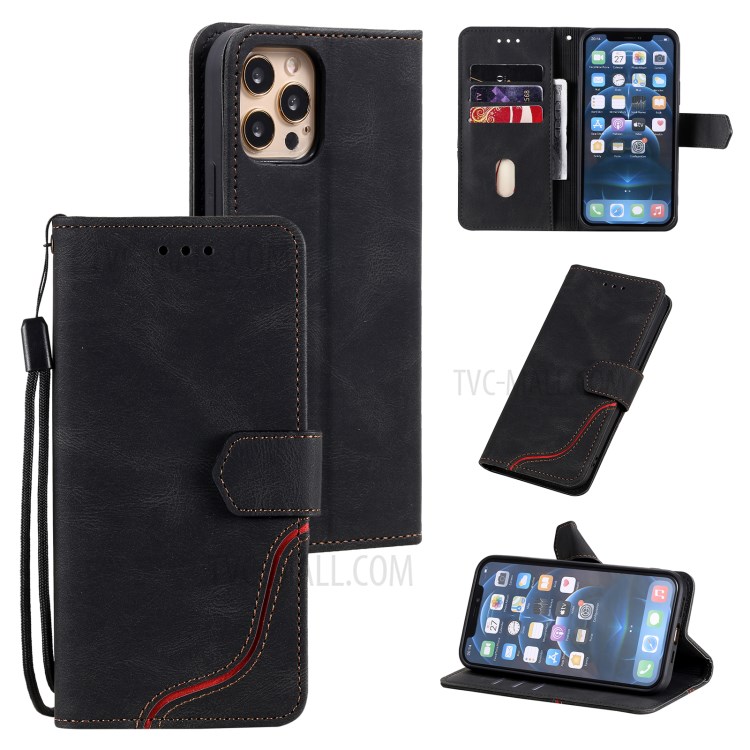 Tri-color Splicing Skin-touch Feeling PU Leather Wallet Case Stand Shell with Hand Strap for iPhone 12 Pro Max 6.7 inch - Black-8