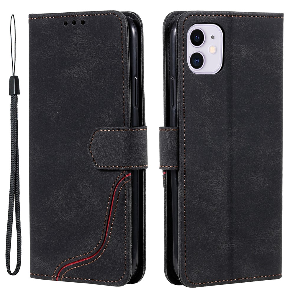 PU Leather Wallet Stand Case Skin-touch Feeling Tri-color Splicing Phone Shell Cover for iPhone 11 6.1 inch - Black-1