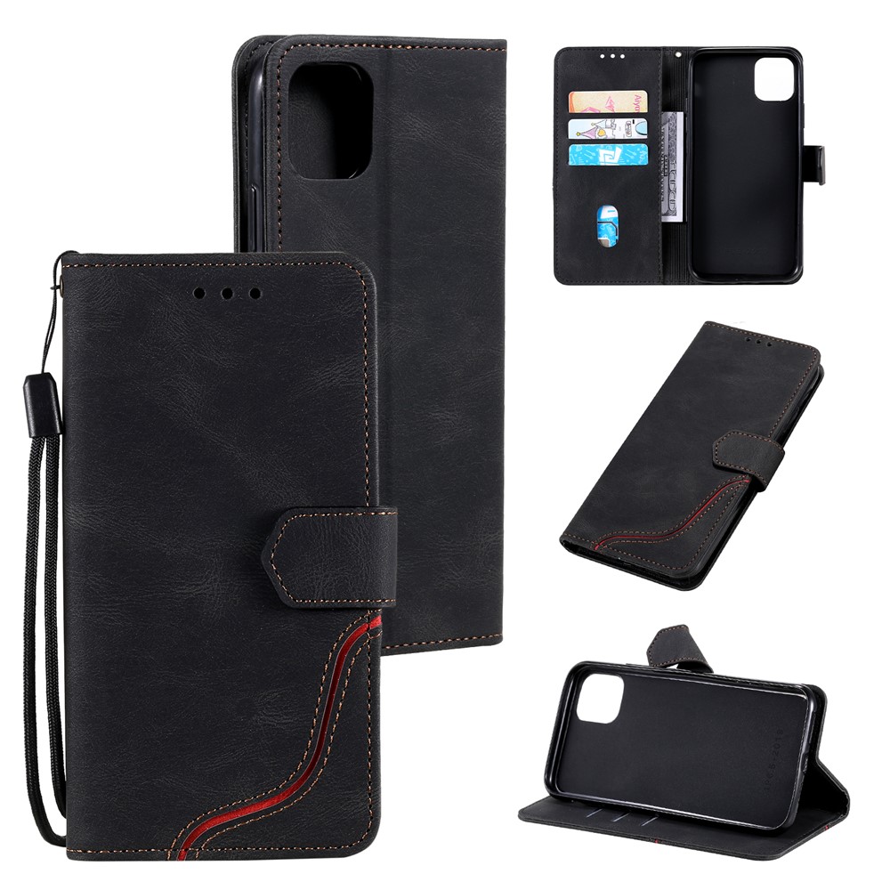 PU Leather Wallet Stand Case Skin-touch Feeling Tri-color Splicing Phone Shell Cover for iPhone 11 6.1 inch - Black-8