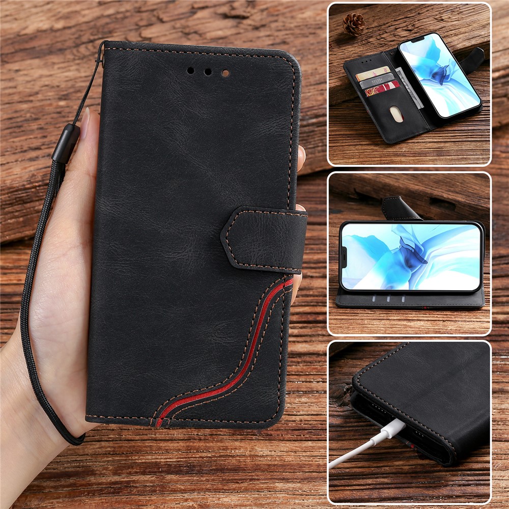 PU Leather Wallet Stand Case Skin-touch Feeling Tri-color Splicing Phone Shell Cover for iPhone 11 6.1 inch - Black-9