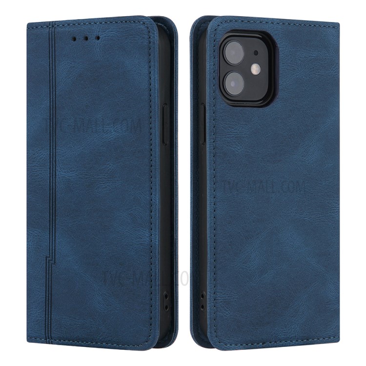 Auto-absorbed Skin-Feeling Lines Leather Phone Wallet Protective Cover Case for iPhone 12 mini - Blue-1