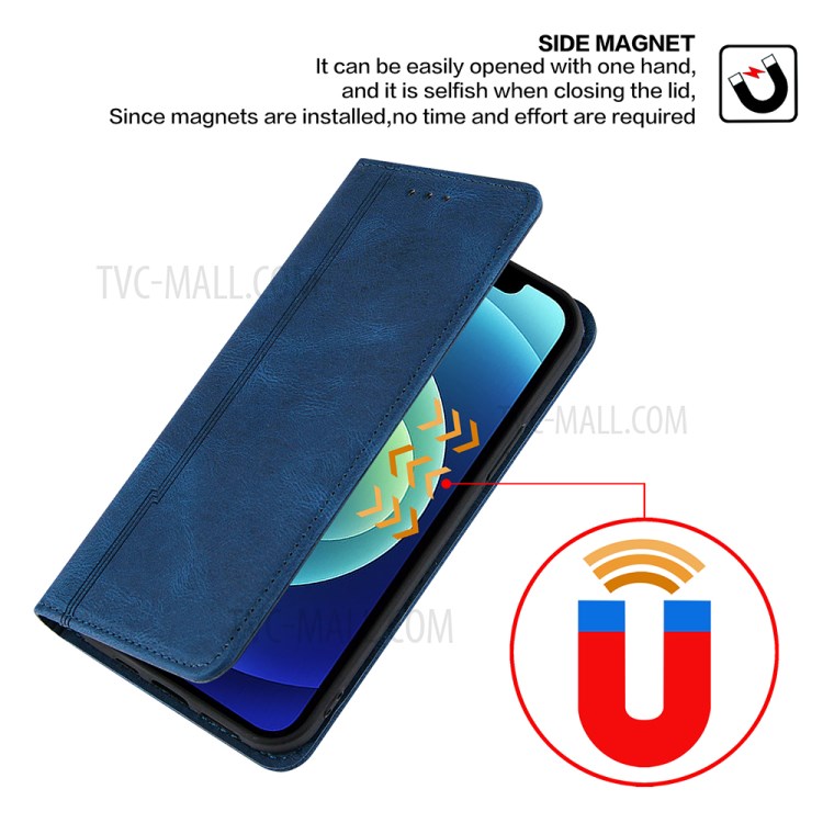 Auto-absorbed Skin-Feeling Lines Leather Phone Wallet Protective Cover Case for iPhone 12 mini - Blue-5