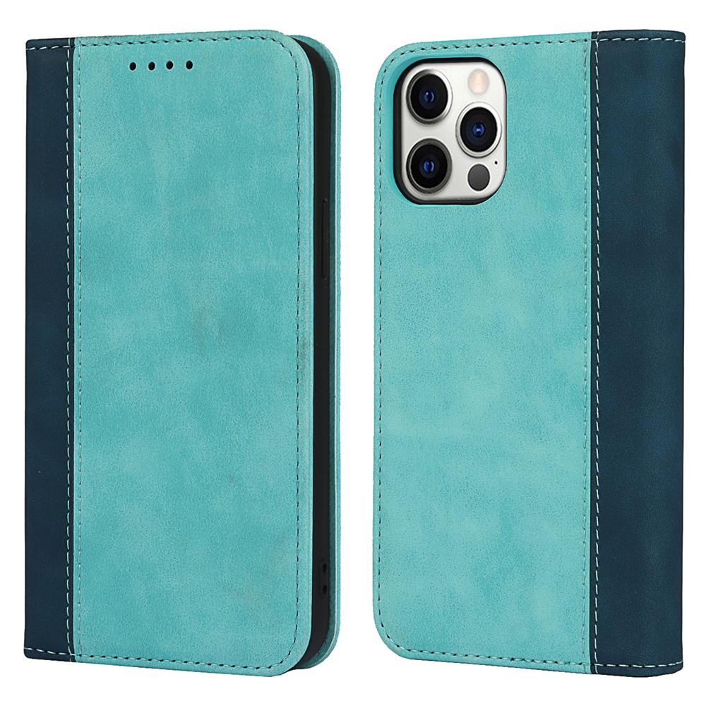 Bi-colour Splicing Magnetic Auto-absorbed Stand Leather Wallet Case Cover for iPhone 12 Pro Max - Baby Blue-1