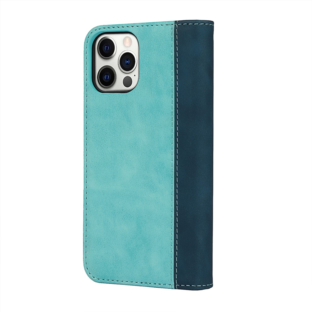 Bi-colour Splicing Magnetic Auto-absorbed Stand Leather Wallet Case Cover for iPhone 12 Pro Max - Baby Blue-3
