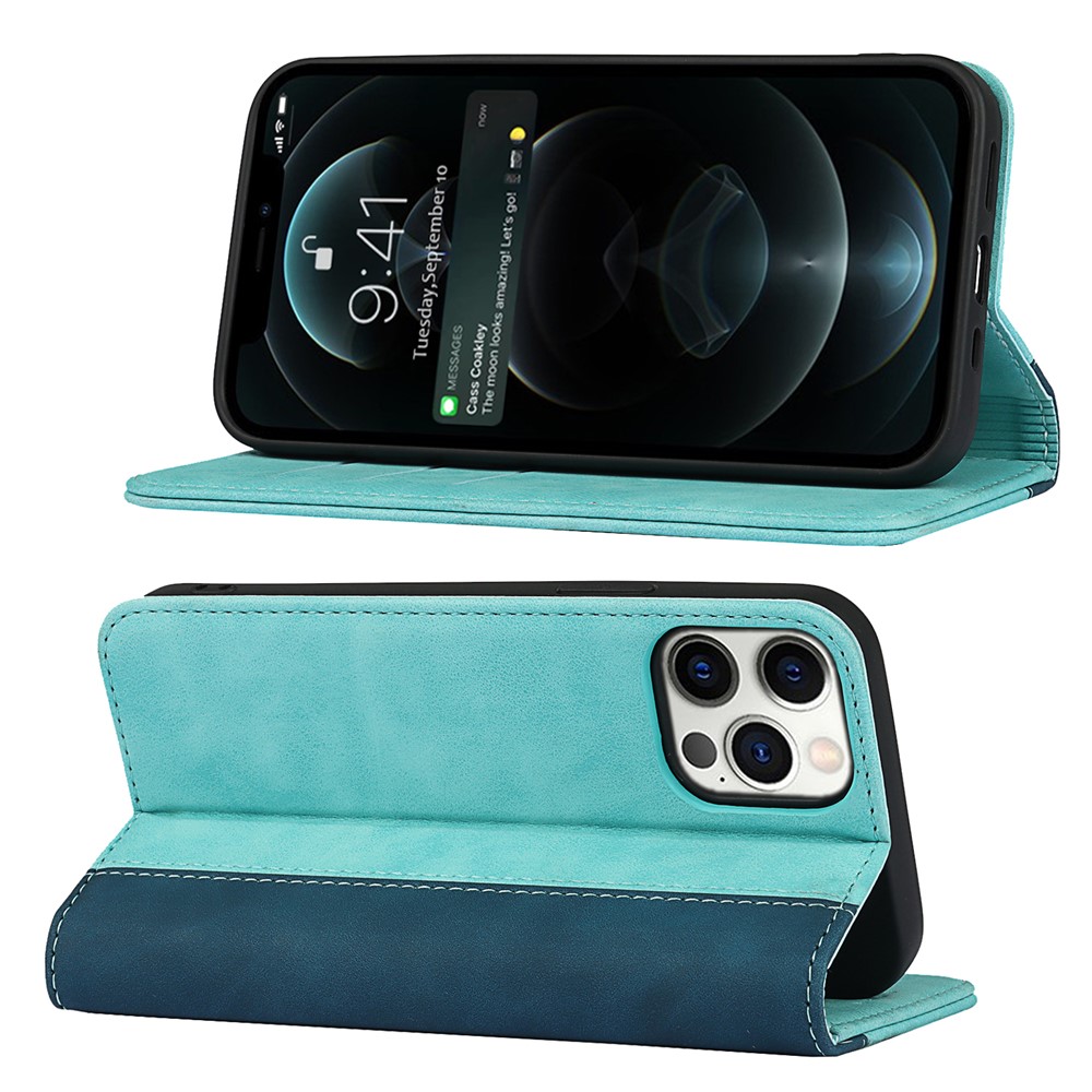 Bi-colour Splicing Magnetic Auto-absorbed Stand Leather Wallet Case Cover for iPhone 12 Pro Max - Baby Blue-4