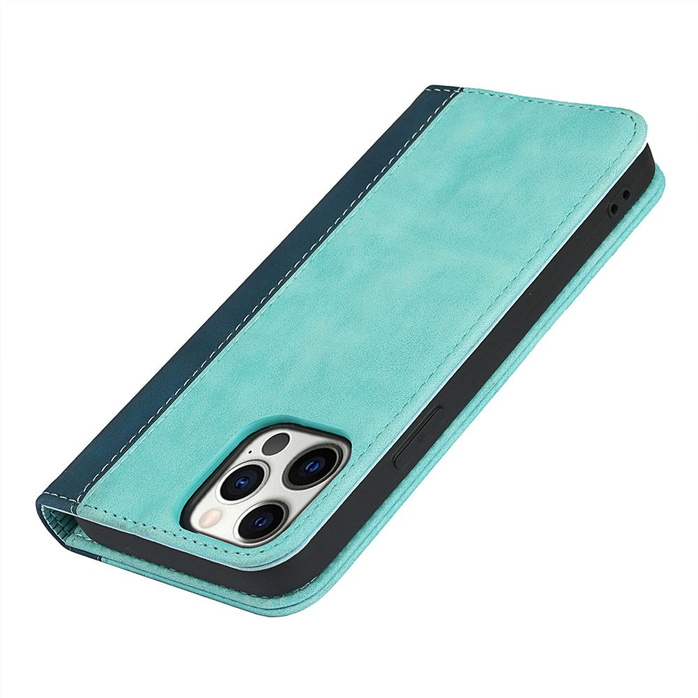Bi-colour Splicing Magnetic Auto-absorbed Stand Leather Wallet Case Cover for iPhone 12 Pro Max - Baby Blue-9