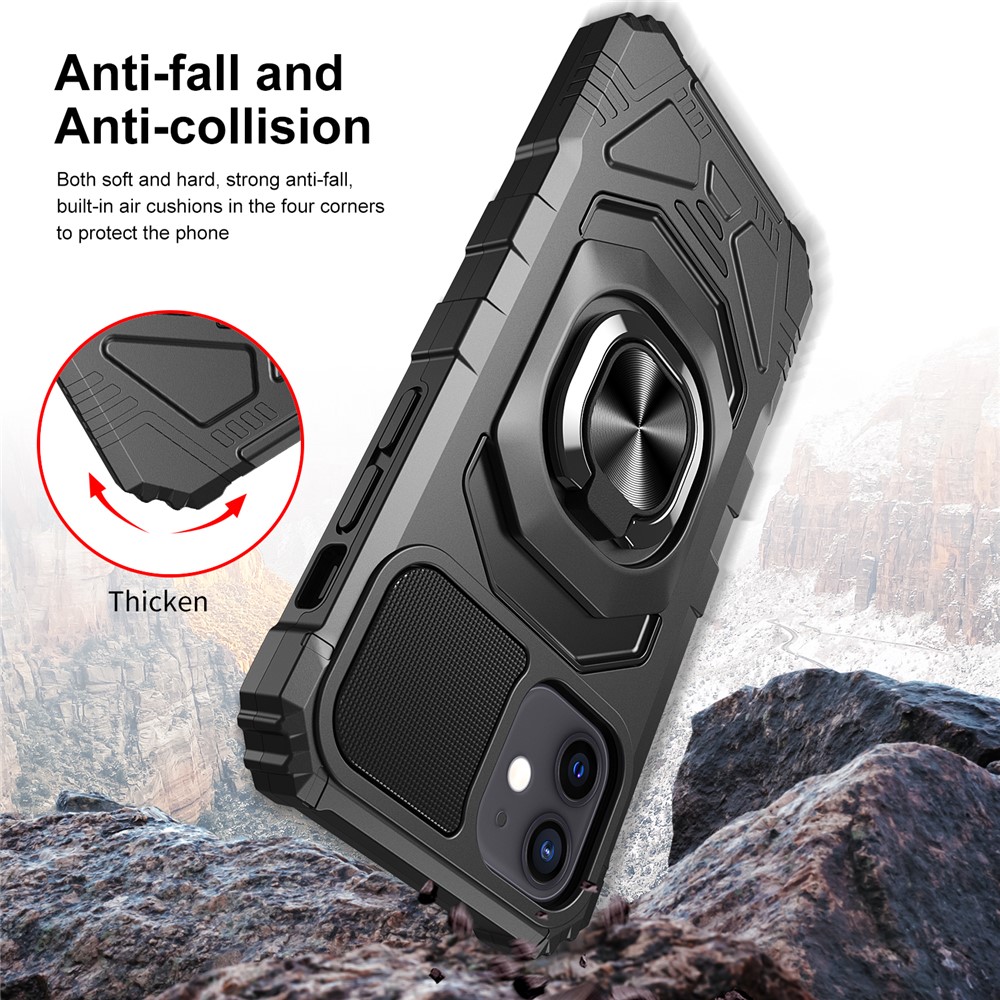 Shockproof PC + TPU Hybrid Case Cover with Ring Holder Kickstand for iPhone 12 mini - Black-5