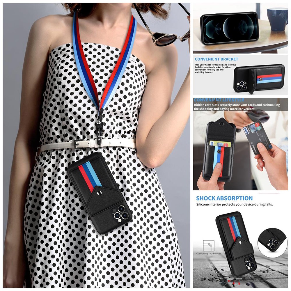Tri-color Card Slots Design TPU + PU Leather Hybrid Phone Case with Lanyard for iPhone 12 Pro Max - Black-13
