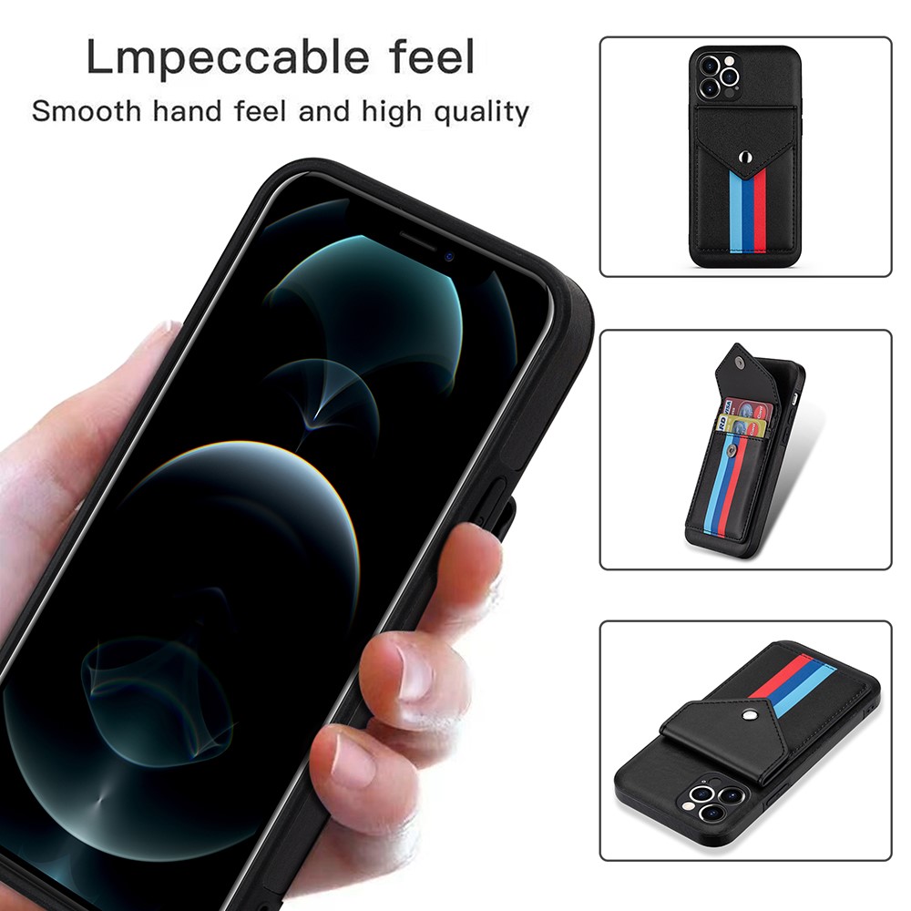 Tri-color Card Slots Design TPU + PU Leather Hybrid Phone Case with Lanyard for iPhone 12 Pro Max - Black-7