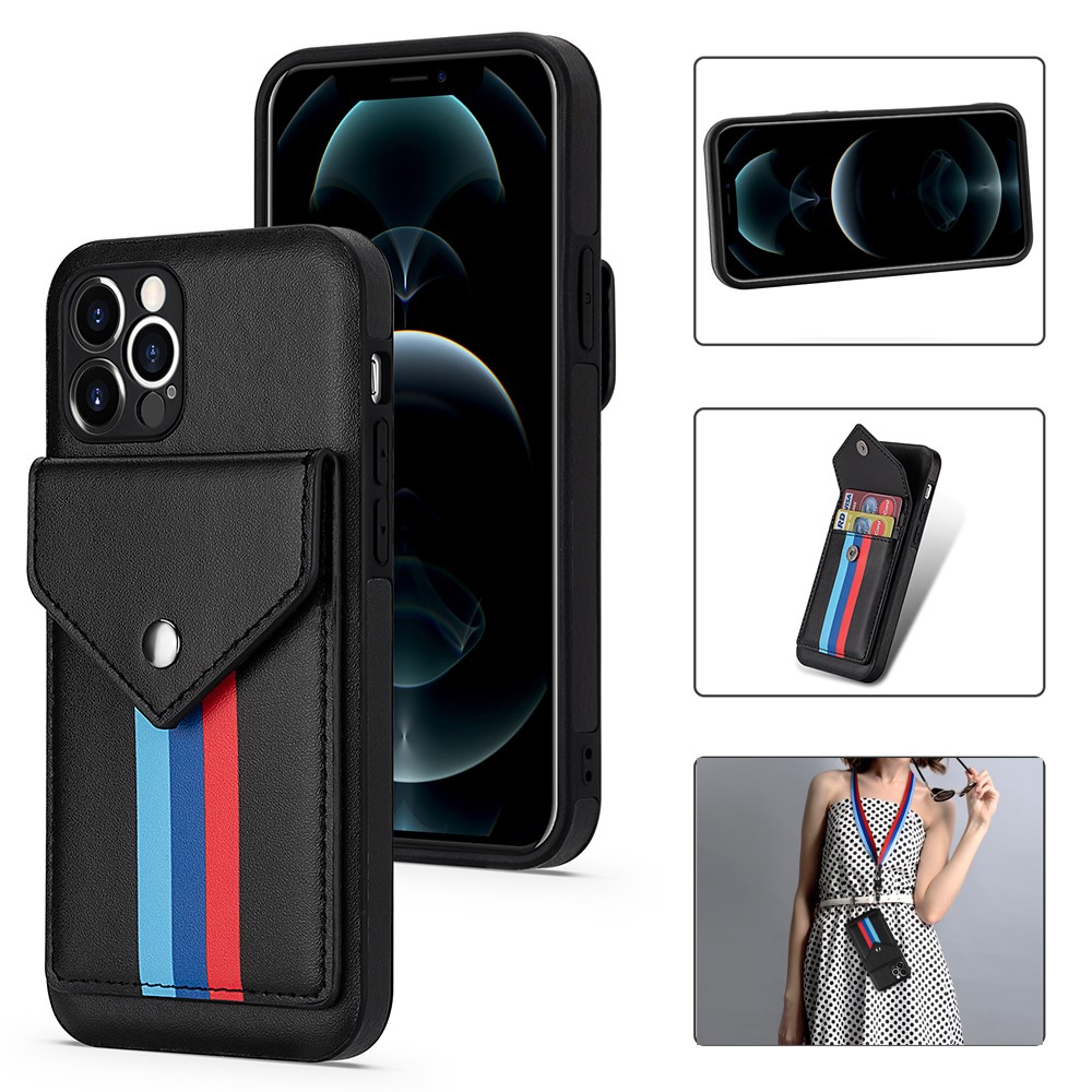 Tri-color Shockproof TPU + PU Leather Phone Case with Card Slots for iPhone 12 / 12 Pro - Black-1