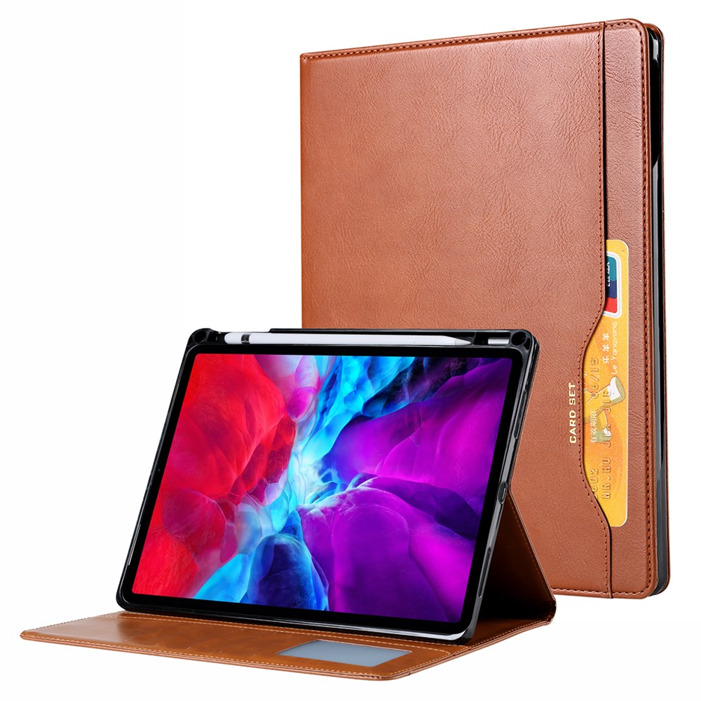 PU Leather Folding Stand Wallet Tablet Back Cover with Pen Holder & Card Holder for iPad Pro 12.9-inch (2021) - Brown
