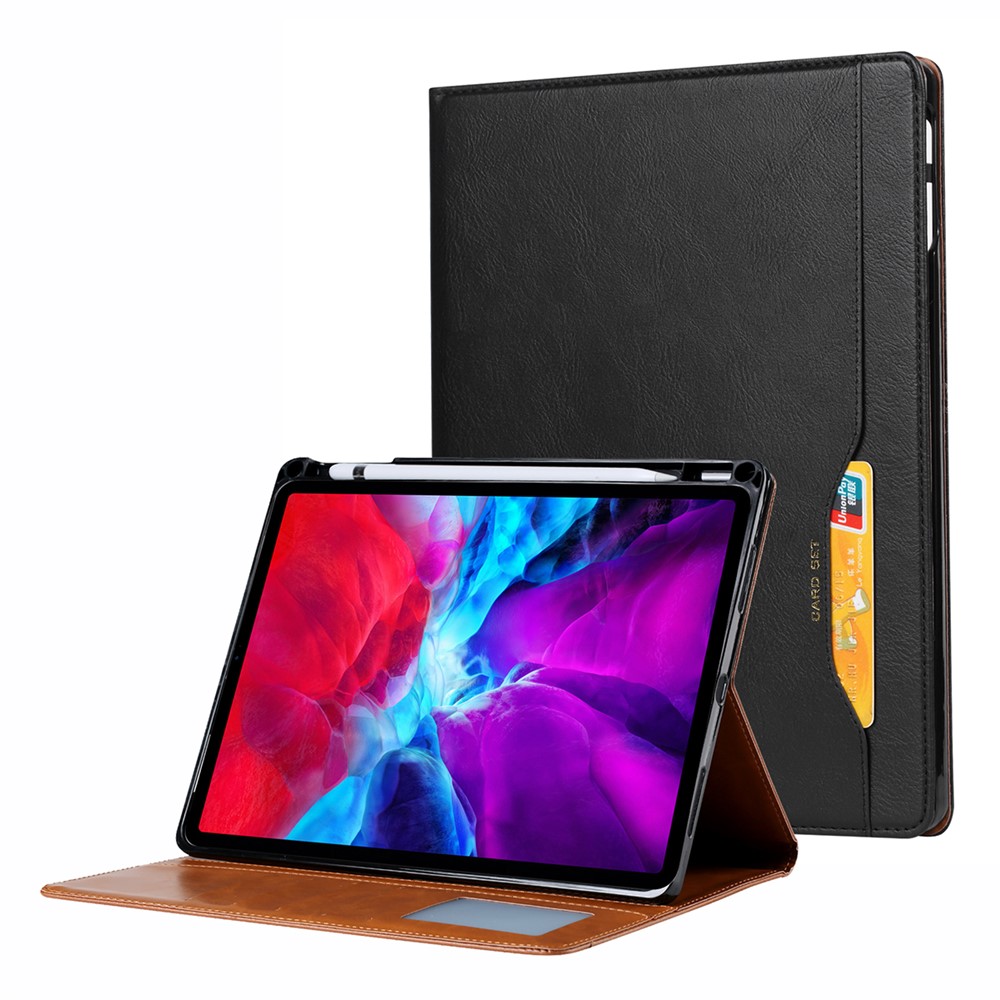 PU Leather Folding Stand Wallet Tablet Back Cover with Pen Holder & Card Holder for iPad Pro 12.9-inch (2021) - Black