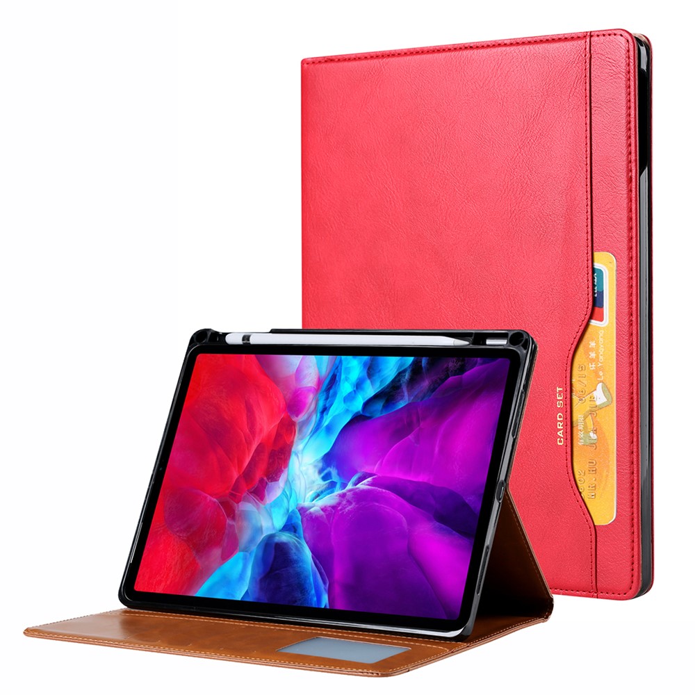 PU Leather Folding Stand Wallet Tablet Back Cover with Pen Holder & Card Holder for iPad Pro 12.9-inch (2021) - Red