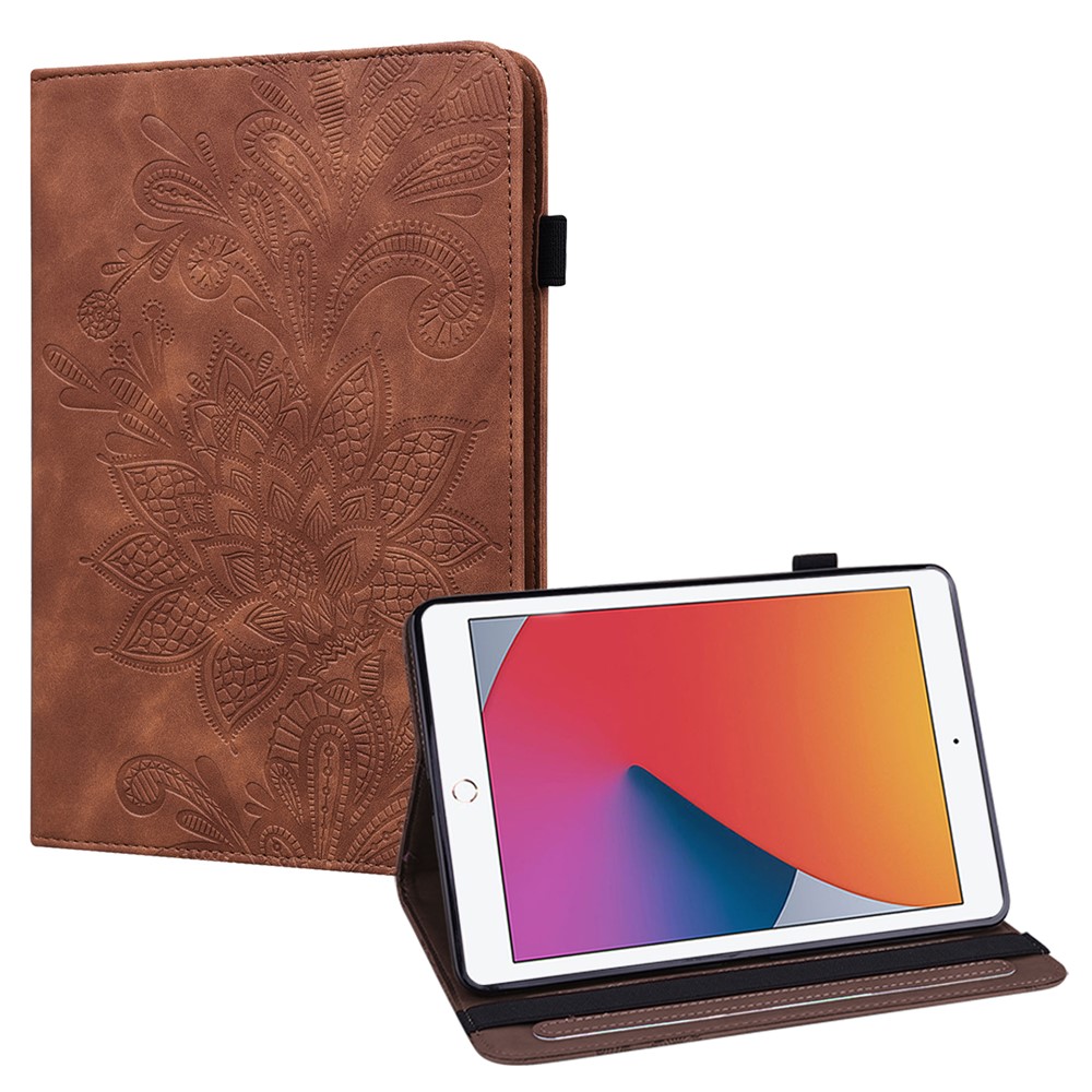 Wallet Stand Design Cover Imprint Flower Pattern Leather Tablet Case for iPad 10.2 (2021)/(2020)/(2019) - Brown
