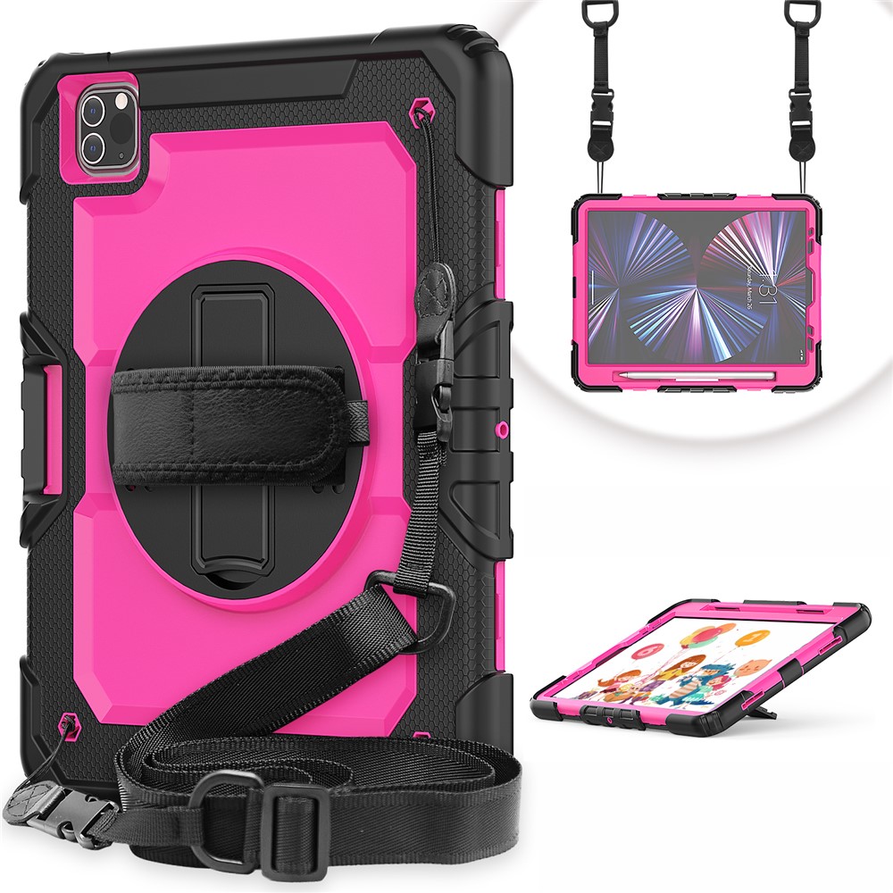 Rugged Heavy Duty PC + Silicone Shockproof 360° Rotating Kickstand Cover with Handle Hand Grip and Shoulder Strap for iPad Pro 11-inch (2021) / (2022) - Black / Rose