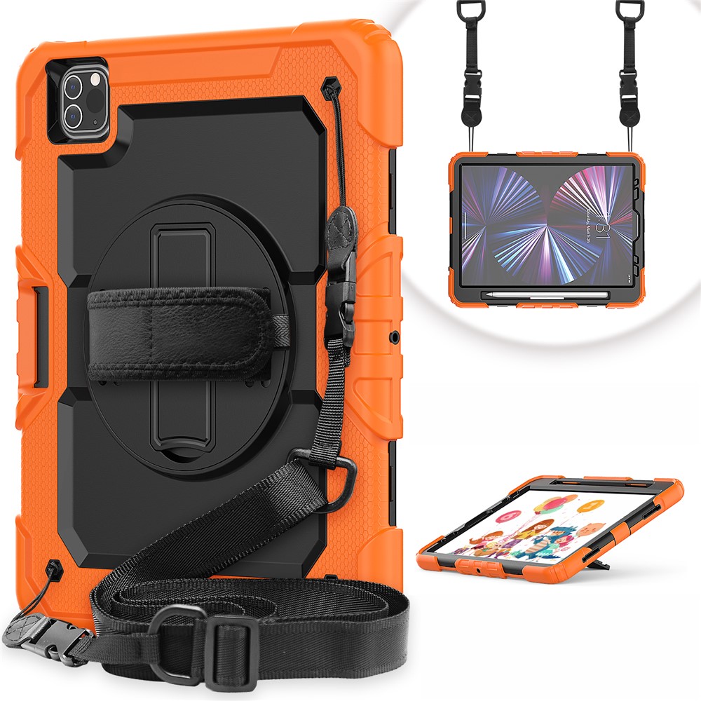 Rugged Heavy Duty PC + Silicone Shockproof 360° Rotating Kickstand Cover with Handle Hand Grip and Shoulder Strap for iPad Pro 11-inch (2021) / (2022) - Orange / Black