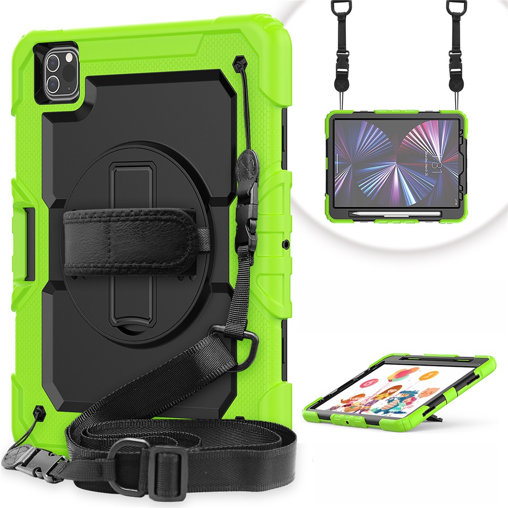 Rugged Heavy Duty PC + Silicone Shockproof 360° Rotating Kickstand Cover with Handle Hand Grip and Shoulder Strap for iPad Pro 11-inch (2021) / (2022) - Green / Black