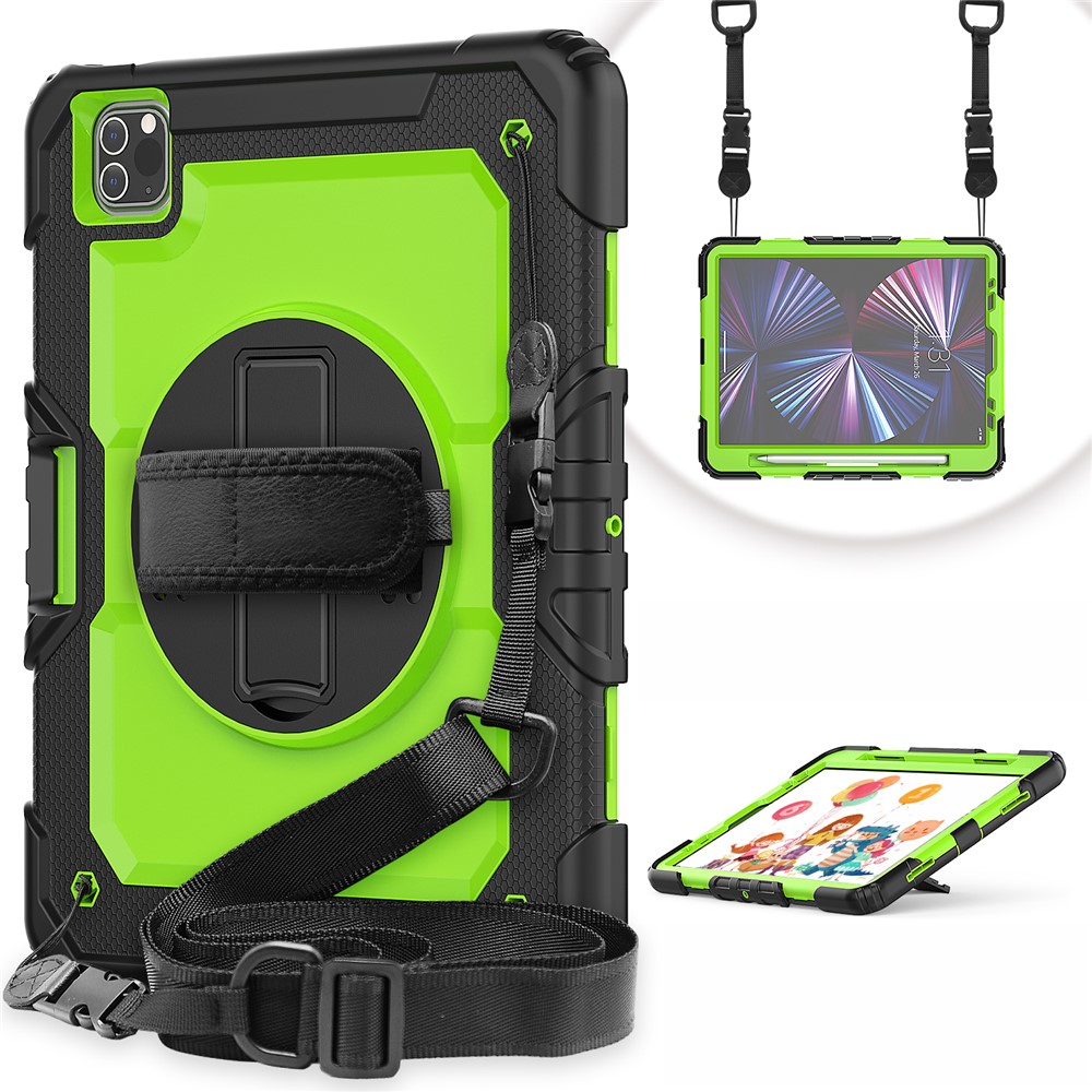 Rugged Heavy Duty PC + Silicone Shockproof 360° Rotating Kickstand Cover with Handle Hand Grip and Shoulder Strap for iPad Pro 11-inch (2021) / (2022) - Black / Green