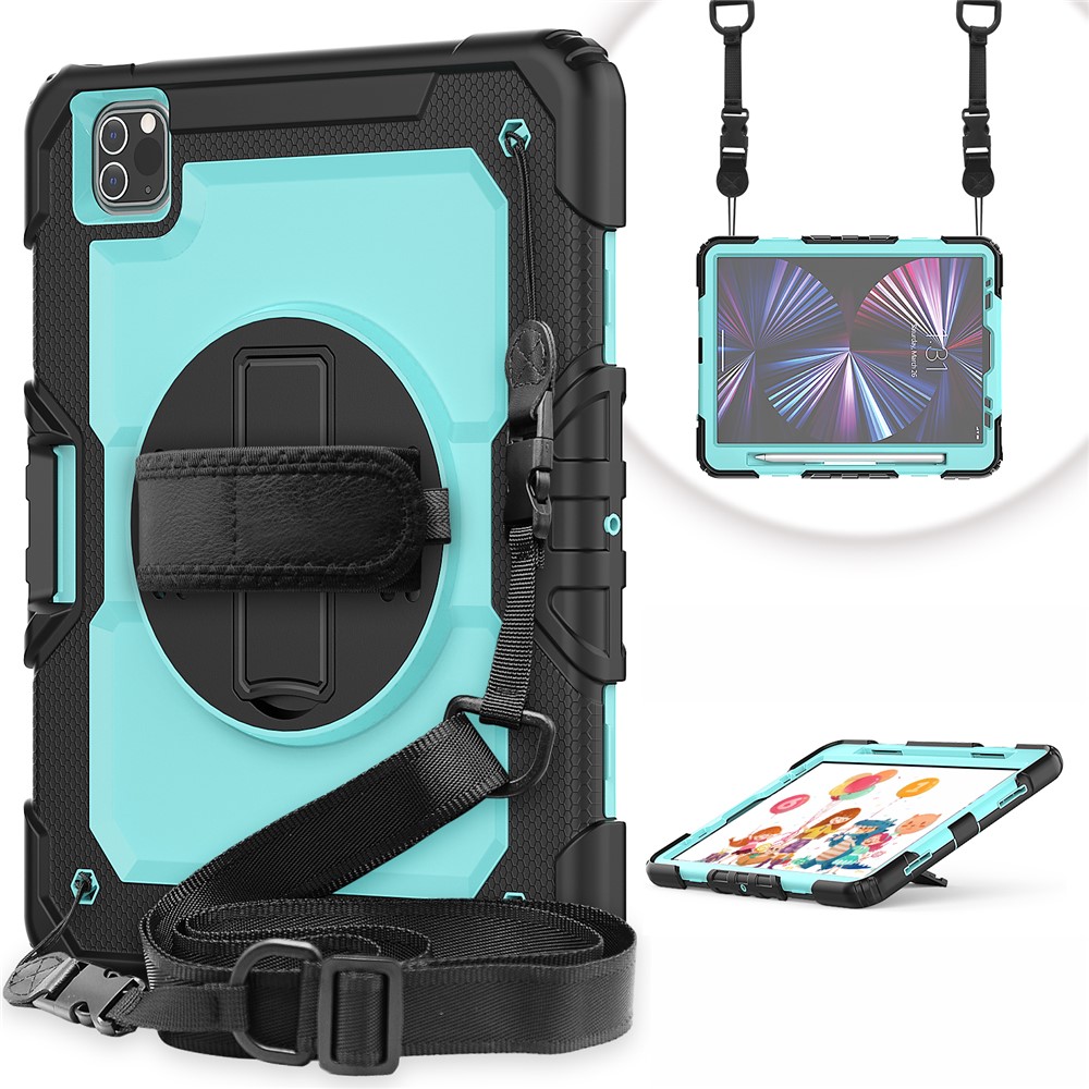 Rugged Heavy Duty PC + Silicone Shockproof 360° Rotating Kickstand Cover with Handle Hand Grip and Shoulder Strap for iPad Pro 11-inch (2021) / (2022) - Black / Light Blue