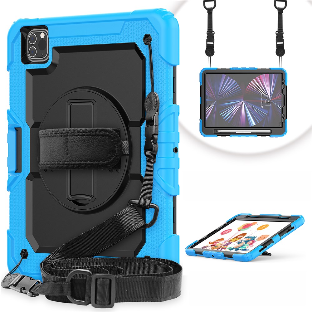 Rugged Heavy Duty PC + Silicone Shockproof 360° Rotating Kickstand Cover with Handle Hand Grip and Shoulder Strap for iPad Pro 11-inch (2021) / (2022) - Sky Blue / Black