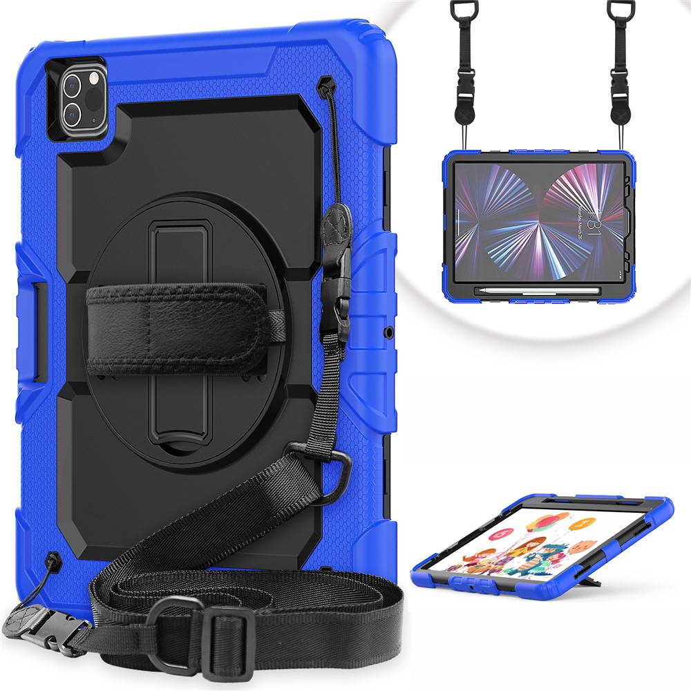 Rugged Heavy Duty PC + Silicone Shockproof 360° Rotating Kickstand Cover with Handle Hand Grip and Shoulder Strap for iPad Pro 11-inch (2021) / (2022) - Blue / Black
